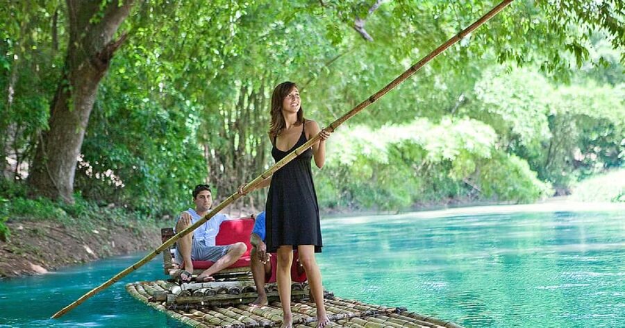 Jamaica: Bamboo Rafting on the Martha Brae - Settling onto the two-seat bamboo raft