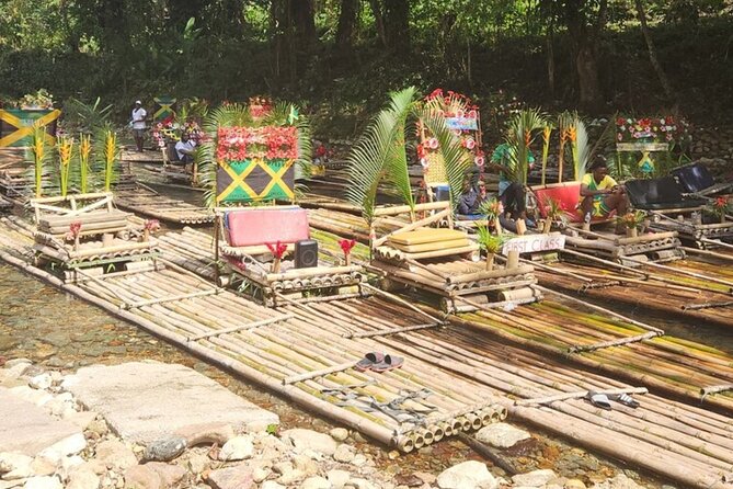 Montego Bay Bamboo Rafting & limestone Massage Private Transfer. - Boarding the bamboo raft at Lethe